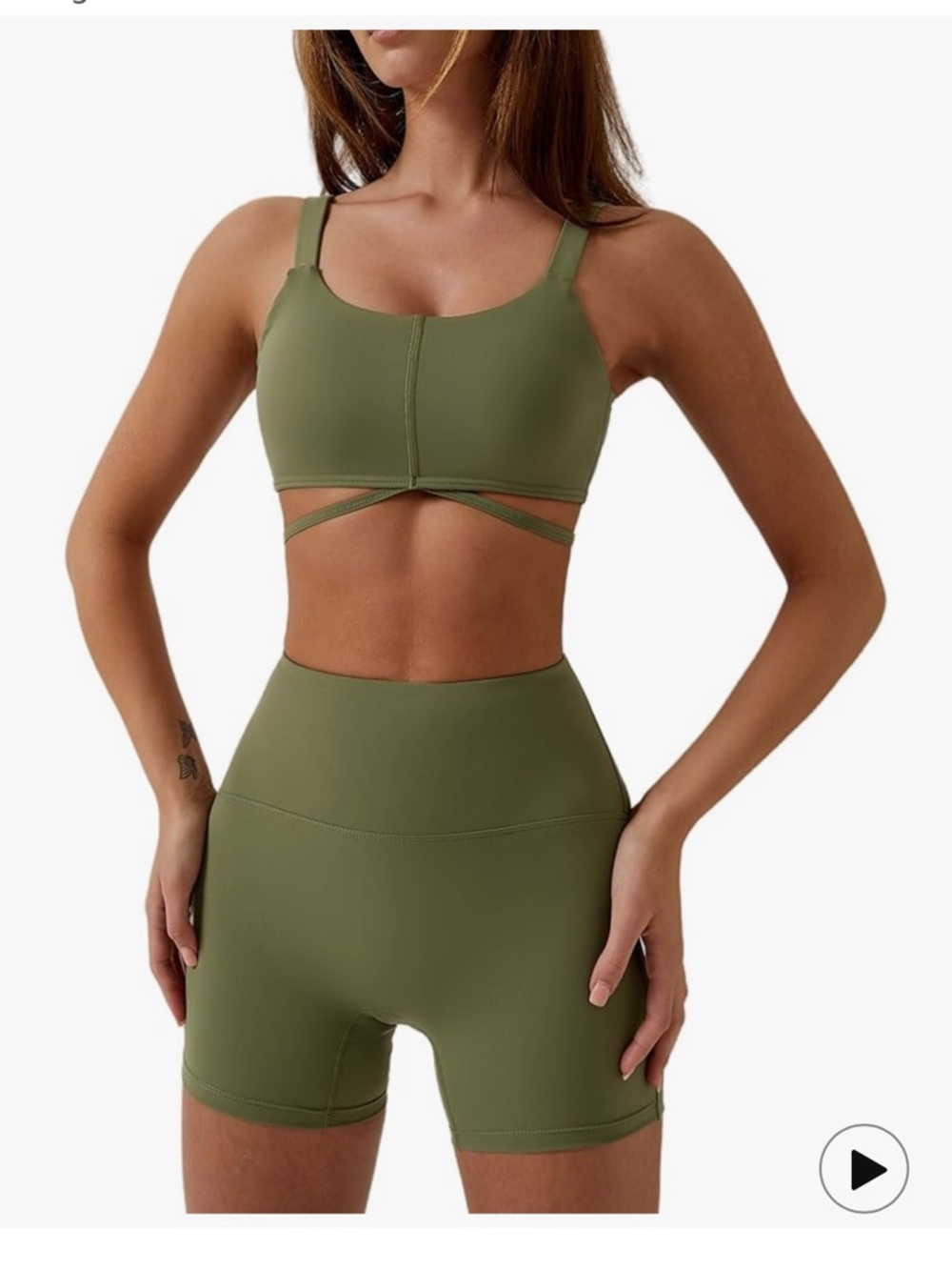 Olive Green Strappy Sports Bra & High-Waist Bike Shorts Set